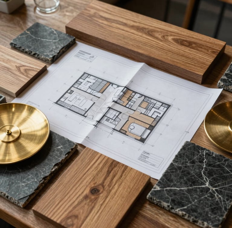 A top-down architectural blueprint of a cafe counter layout, overlaid with physical samples of oak wood, brushed brass, and dark slate tiles under soft natural side-light.