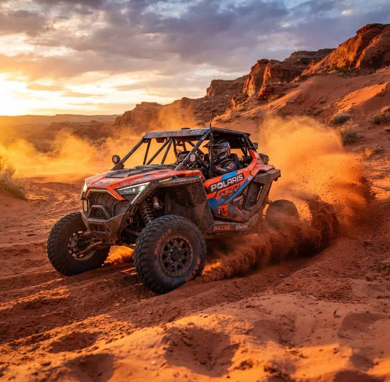 Low-angle dynamic action shot of a custom-built Polaris UTV kicking up red Utah dust in Sand Hollow, dramatic golden-hour rim lighting, 35mm.