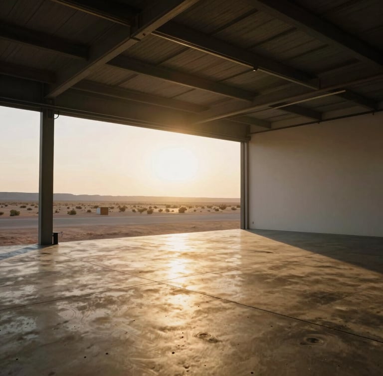 A clean industrial showroom with a custom-built SxS under dramatic spotlighting, polished concrete floor.