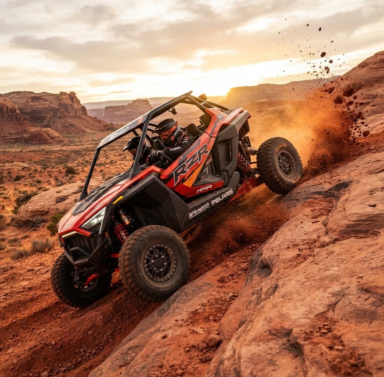 Low-angle dynamic shot of a high-performance Polaris RZR climbing a steep red slickrock ledge in Sand Hollow, kicking up a light red-dirt roost, dramatic golden-hour rim lighting, 35mm.