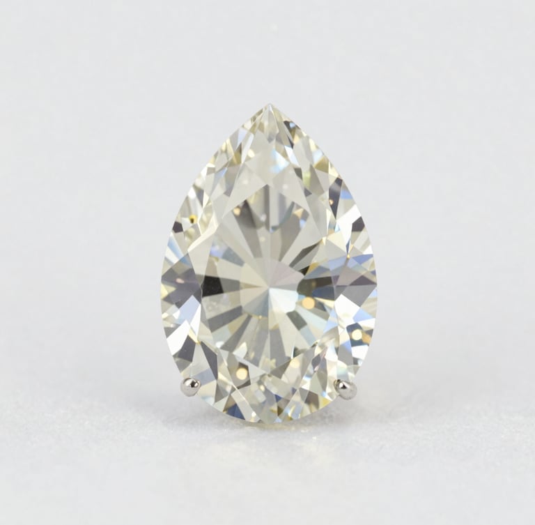 Macro studio photograph of a 104-carat pear-cut diamond render, soft diffused daylight, crisp facets, minimalist white backdrop, 85mm lens