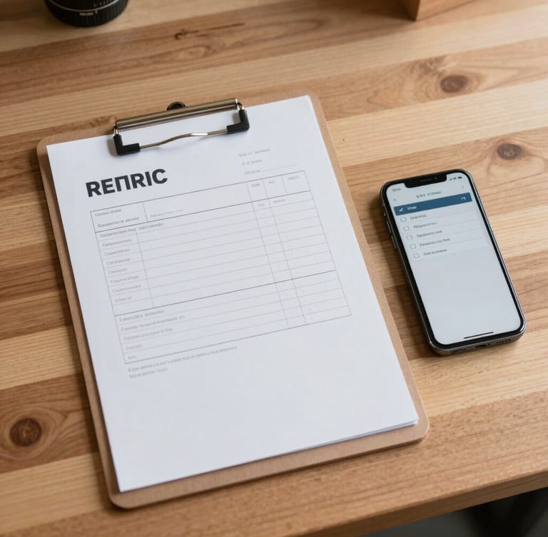 Top-down view of a clean wooden workshop desk. A physical clipboard with a paper invoice sits next to a smartphone displaying a simple checklist interface. Soft morning daylight.