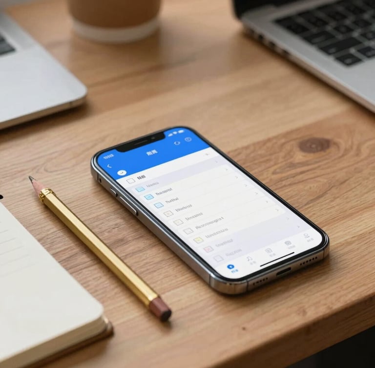 A close-up, natural daylight photo of a clean wooden workbench. On the desk sits a smartphone displaying a simple, structured blue-and-white inbox interface with labeled folders, next to a brass pencil and a physical notebook.