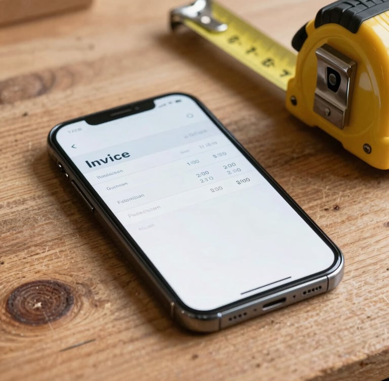 A close-up of a smartphone resting on a wooden workshop table next to a metal tape measure, showing a clean, simple invoice draft with large, clear numbers.