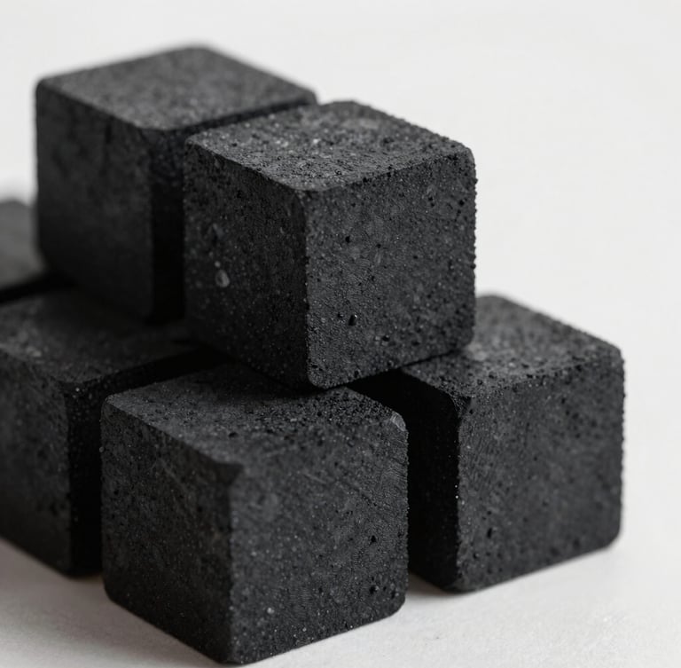 Macro studio shot of perfectly geometric black charcoal cubes stacked on a clean, light surface, sharp angles, fine texture, high contrast daylight
