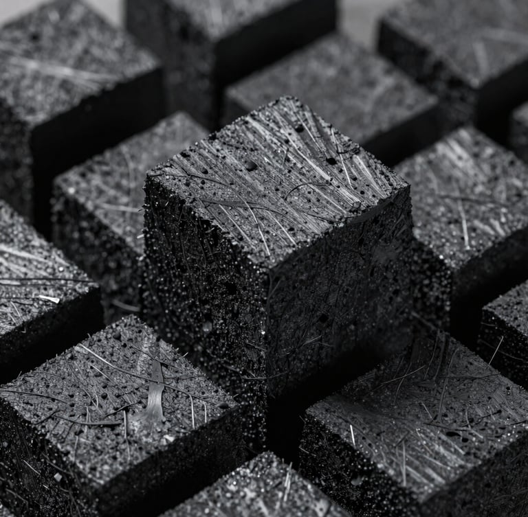 Macro studio shot of perfectly geometric black coconut charcoal briquettes, sharp edges, high contrast natural daylight, deep shadows emphasizing texture.