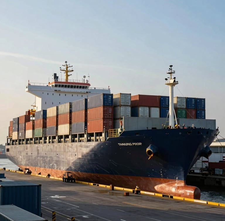 Wide-angle industrial shot of a cargo ship being loaded at Tanjung Priok port in Jakarta, high-contrast morning light, deep shadows, organized shipping containers.