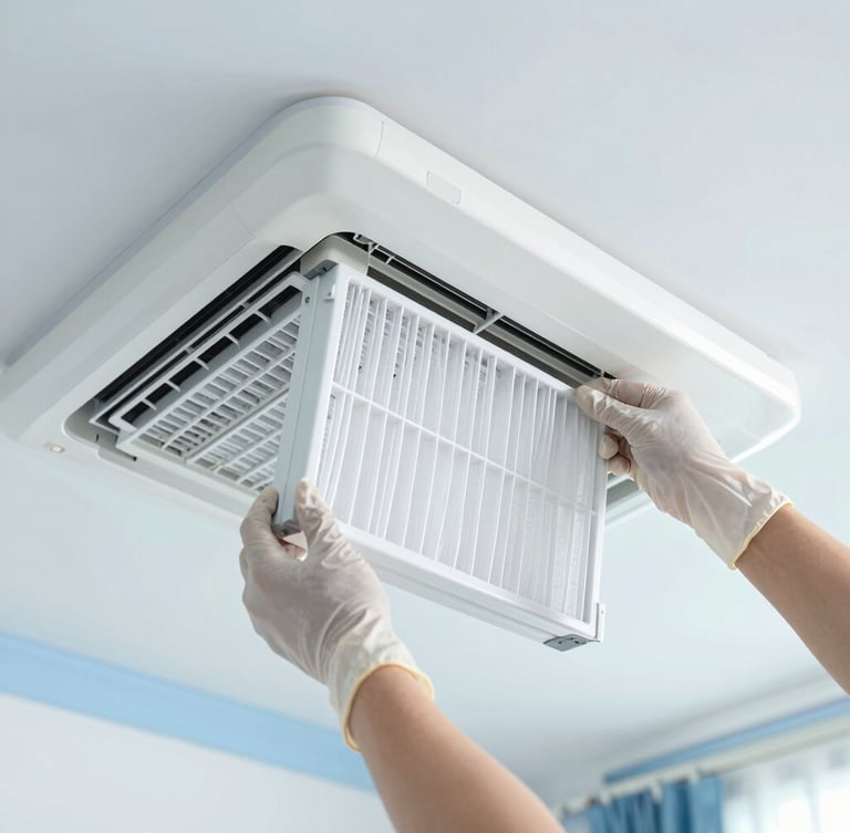 Close-up of clean hands wearing protective gloves installing a pristine white air filter into a modern sleek indoor unit, bright natural daylight, cool tones