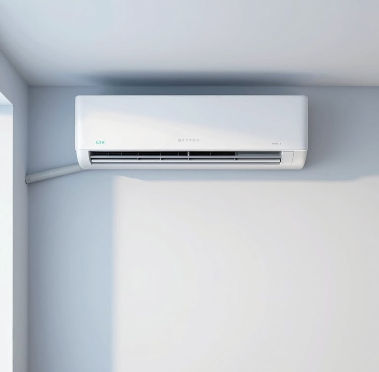 Straight-on architectural shot of a sleek modern indoor air conditioning unit perfectly integrated into a clean minimalist living room, bright natural daylight, cool blue and white tones, sharp focus.