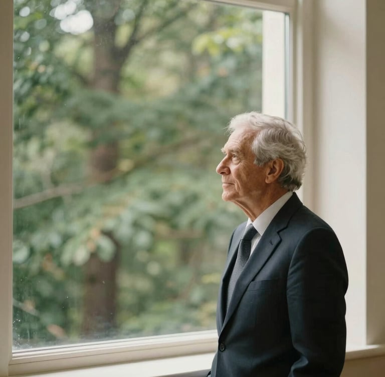 A senior professional in a quiet moment of strategic reflection next to a large window, warm editorial photography, soft natural window light, deep forest green and ivory tones, shallow depth of field, 35mm.