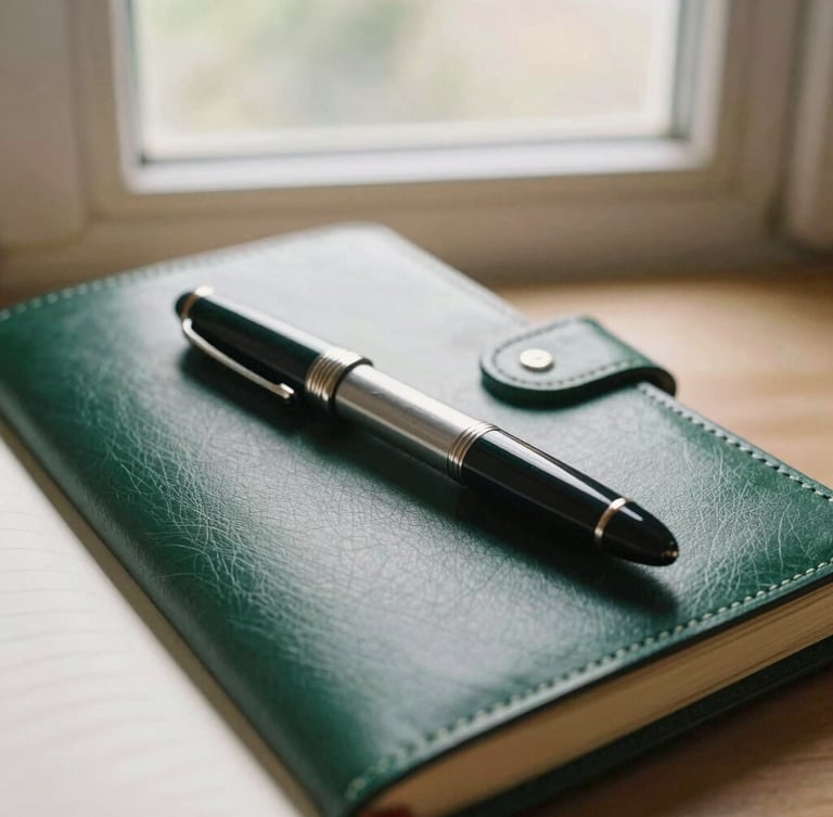 Close-up of a fountain pen resting on a structured leather notebook, soft diffused side-lit window daylight, warm editorial, 35mm.