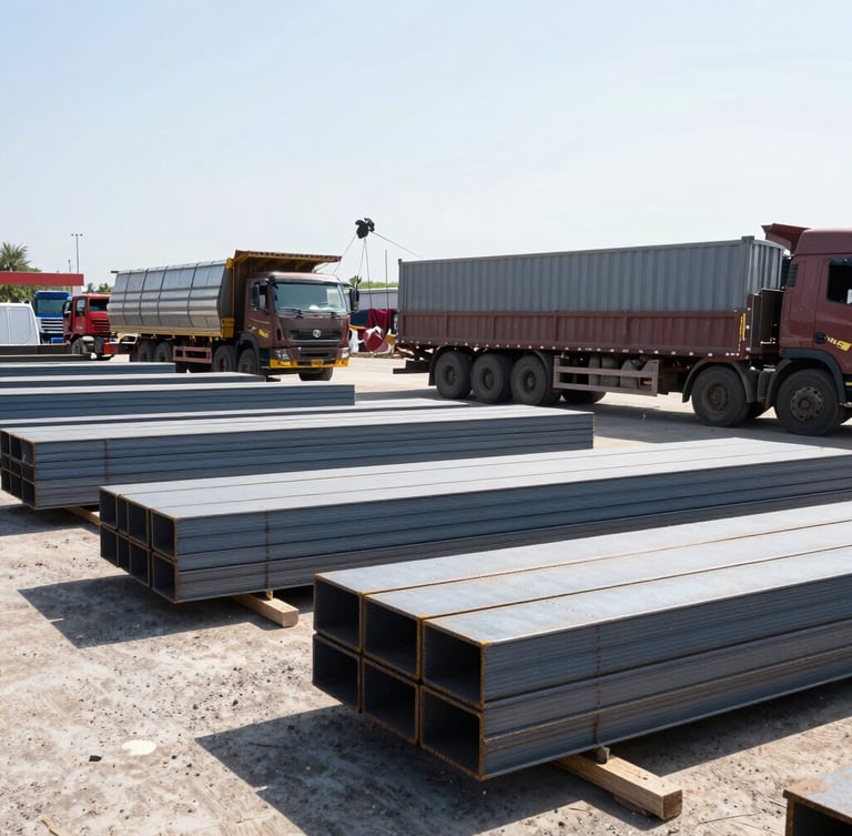 Wide environmental shot of an organized commercial material yard, stacked steel beams, flatbed truck loading under harsh daylight, 35mm