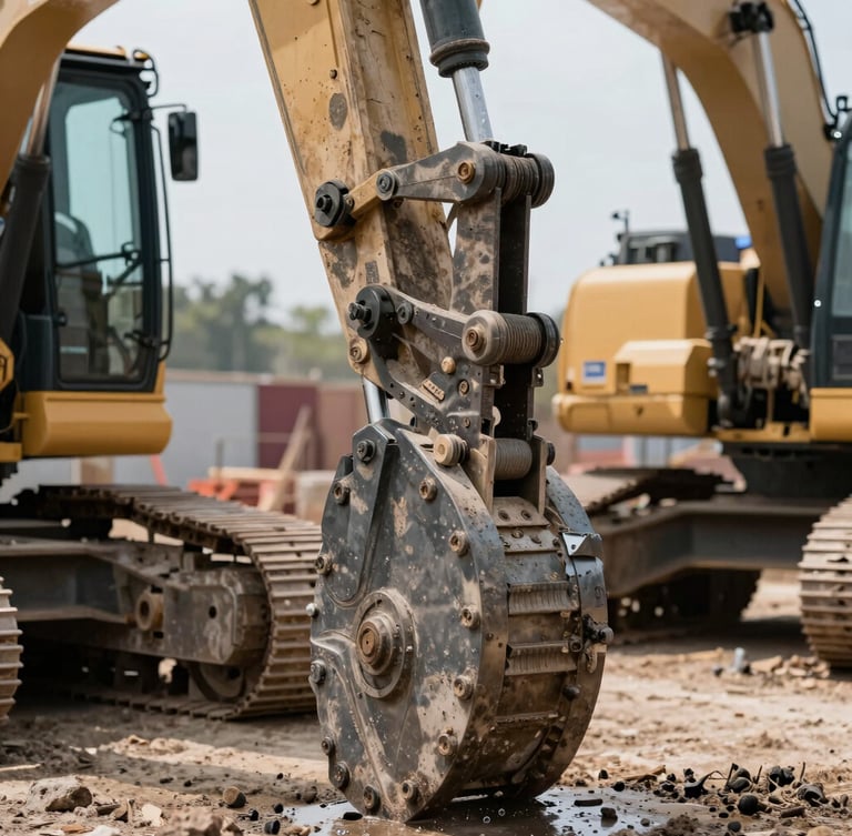 Tight, functional macro shot of heavy machinery hydraulic arm operating on an active site, gritty industrial texture, harsh daylight, 35mm