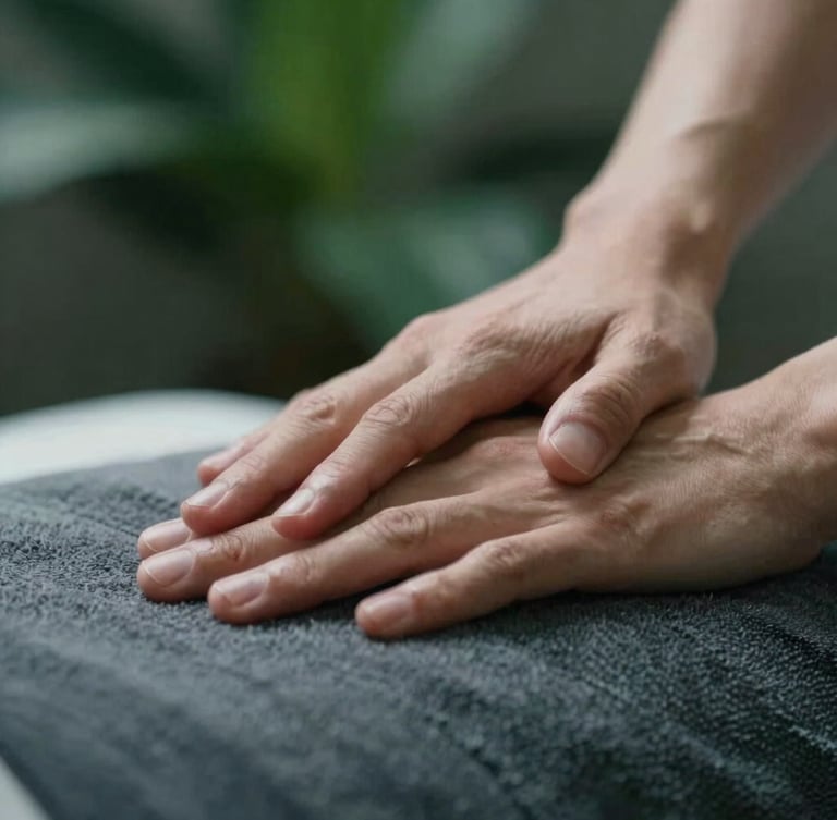 Close-up macro photography of clinical hands-on massage therapy, moody directional natural light, deep organic greens, 35mm lens
