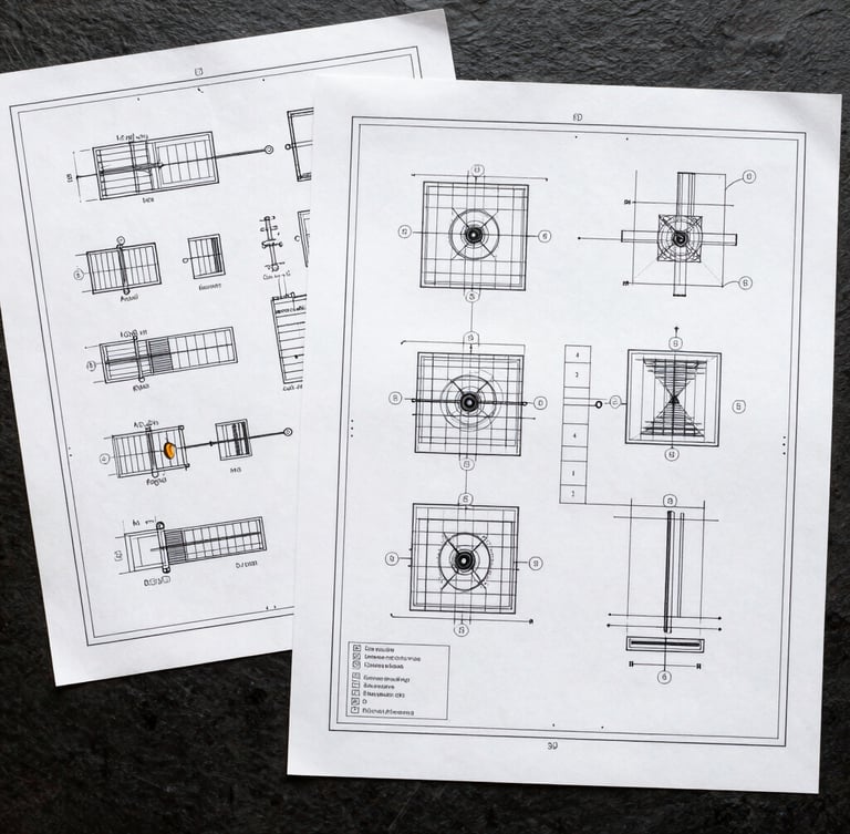 High-contrast top-down flat lay of printed technical blueprints and diagnostic reports on a dark slate laboratory table, harsh direct lighting, desaturated monochrome with amber accents, 35mm