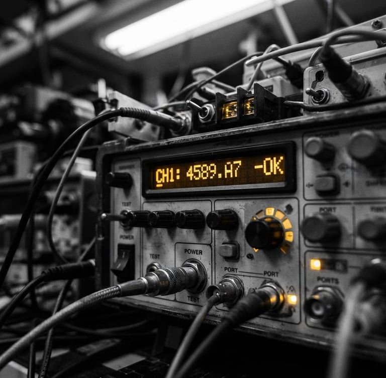 Macro close-up of high-contrast physical diagnostic equipment, harsh direct laboratory lighting, desaturated monochrome with terminal-amber reflections, sharp focus