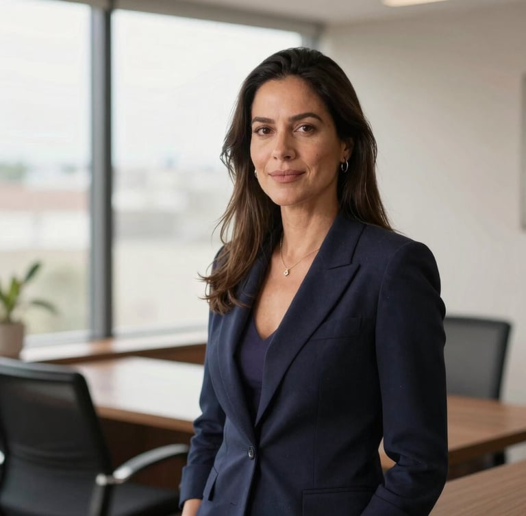 Professional portrait of Elane Sampaio in a modern, quiet office, soft natural window light, shallow depth of field, warm editorial photography, muted navy and slate-lilac tones.