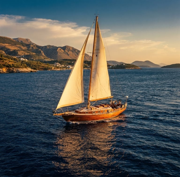 Cinematic wide-angle shot of a classic wooden sailboat cruising the Mediterranean at golden hour, deep saturated blue water, soft warm light, 35mm film grain