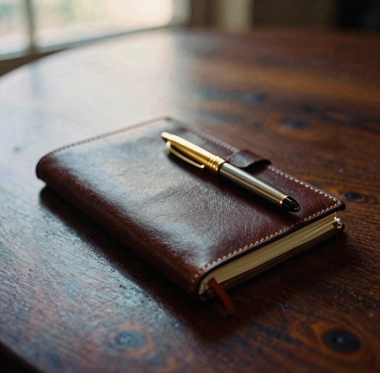 Close-up of a luxury leather travel journal and gold pen on a dark wooden table, soft ambient indoor light, 35mm film grain