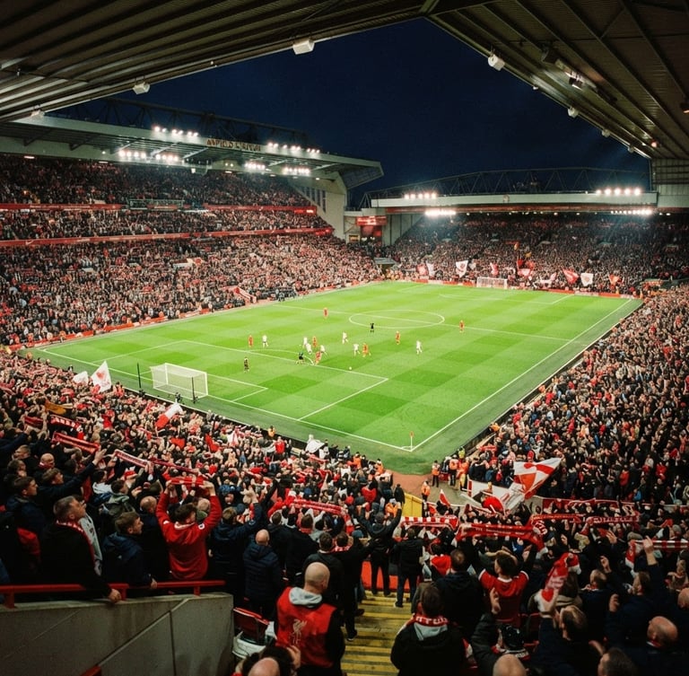 Dramatic high-angle shot of a packed European football stadium under intense floodlights, vibrant green pitch, roaring crowd in the stands, cinematic 35mm film grain.