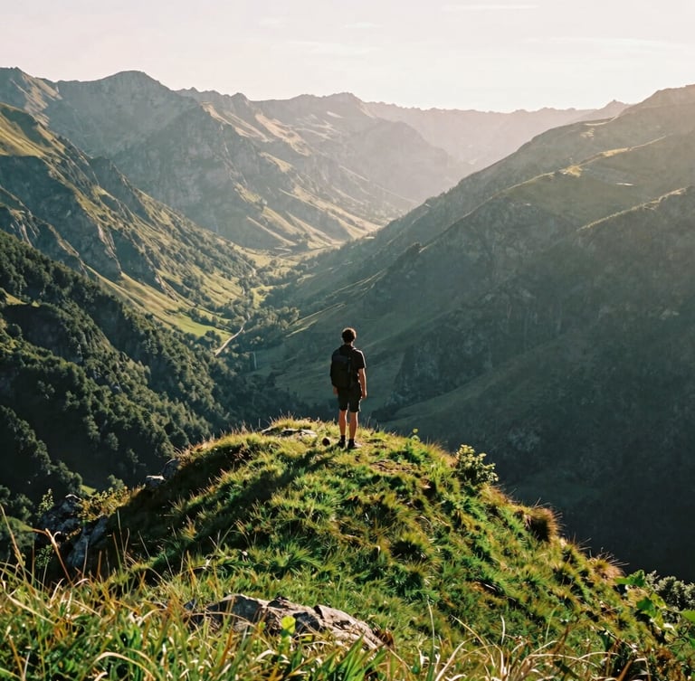 Wide-angle cinematic shot of a traveler standing on a lush green cliff overlooking a misty mountain valley in France, natural golden-hour sunlight, 35mm film grain