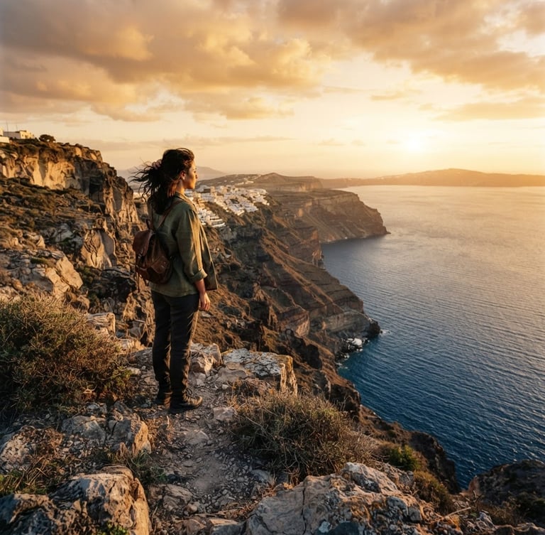 Wide-angle cinematic shot of a traveler looking out over a dramatic Mediterranean cliffside at golden hour, 35mm film grain, deep saturated tones