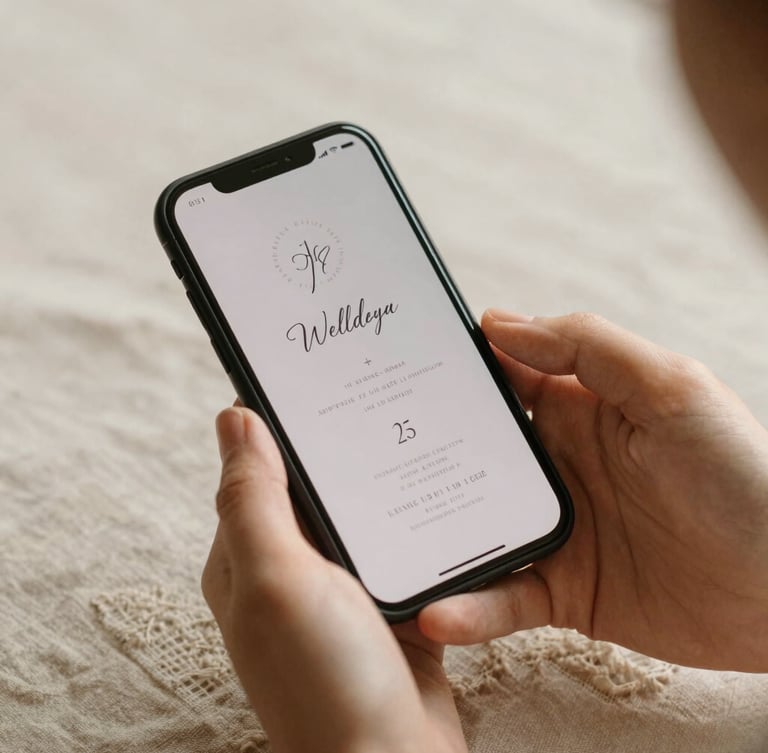 Close-up of elegant hands holding a smartphone displaying a minimalist digital wedding invitation, soft afternoon light, warm linen background, 35mm photography