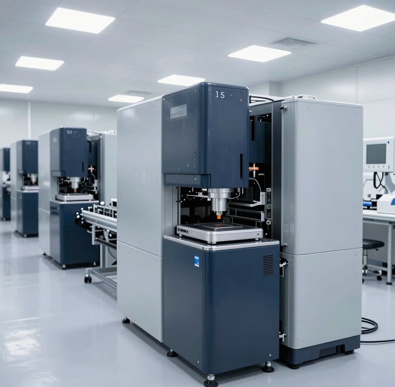 Wide panoramic shot of a sterile automated smart factory assembly line, cold bright clinical studio lighting, metallic gray and deep navy tones, sharp focus, 50mm.