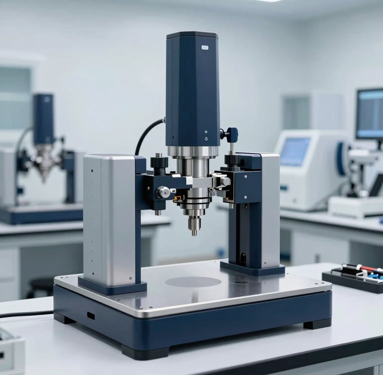 Sleek high-tech industrial hardware testing laboratory, cold bright clinical studio lighting, metallic surfaces, precision testing equipment in background, sharp focus, 50mm