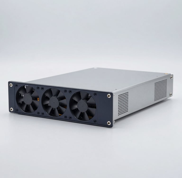 Sleek rackmount military-grade fanless computer, cold clinical light-gray metallic background, high-tech industrial hardware photography, bright sterile studio lighting, sharp focus, 50mm