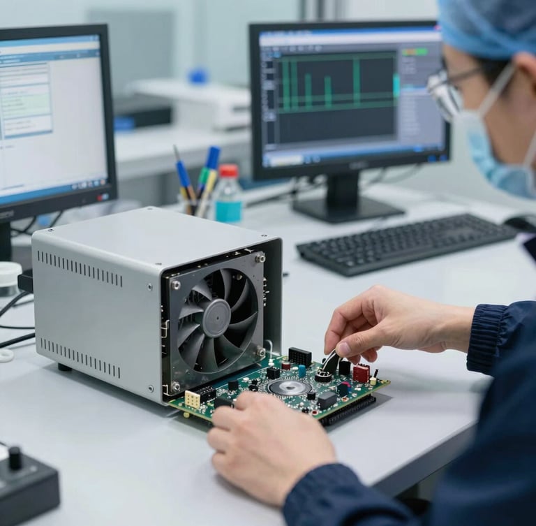 An industrial engineer configuring a fanless embedded box PC on a sterile ESD-safe workbench, cold clinical lighting, tools and diagnostic screens in background, sharp focus