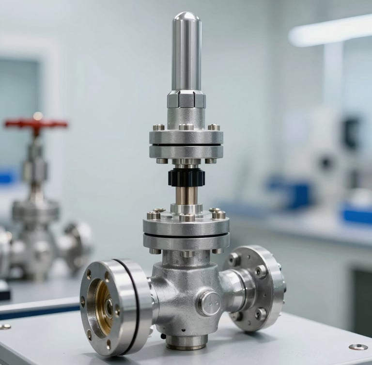 Close-up of a high-pressure valve assembly undergoing hydrostatic pressure testing in a clean, modern factory environment, bright daylight, sharp focus on metal finish, 50mm.