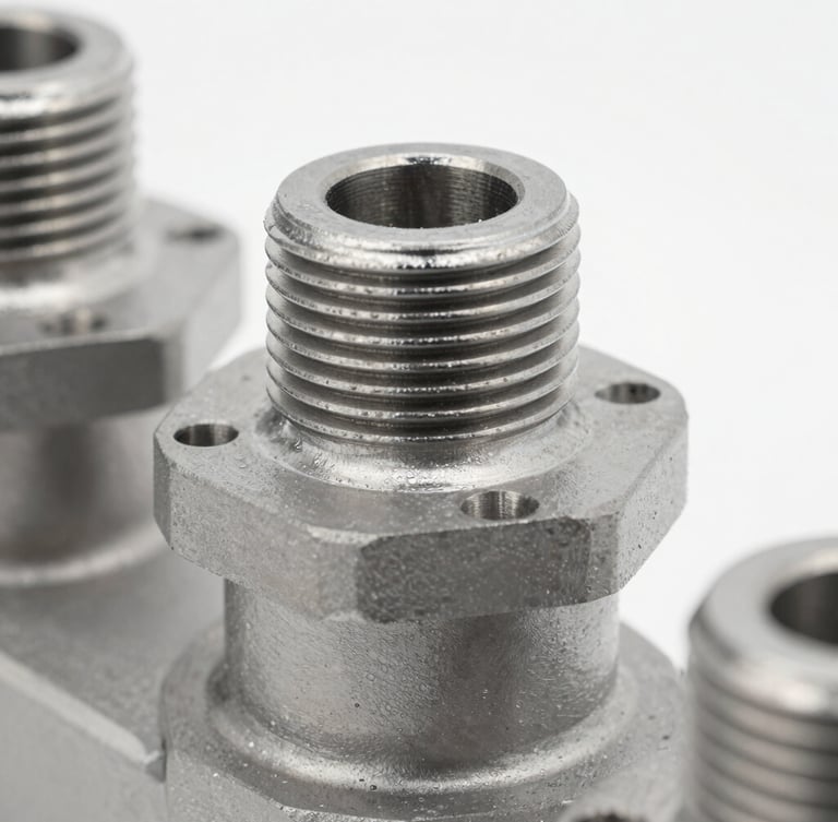 Close-up of a machined steel wellhead component under bright clean industrial studio lighting, highlighting thread precision and metallic finish, neutral gray tones.