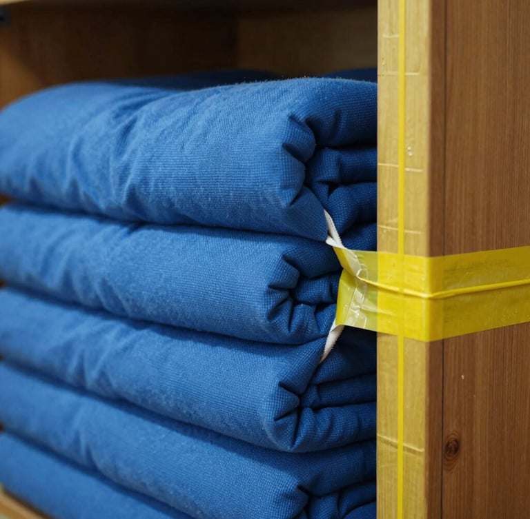 Close-up of thick blue moving blankets being wrapped tightly around a wooden wardrobe with heavy-duty yellow packing tape, bright natural UAE daylight, sharp focus on the textures of the fabric.