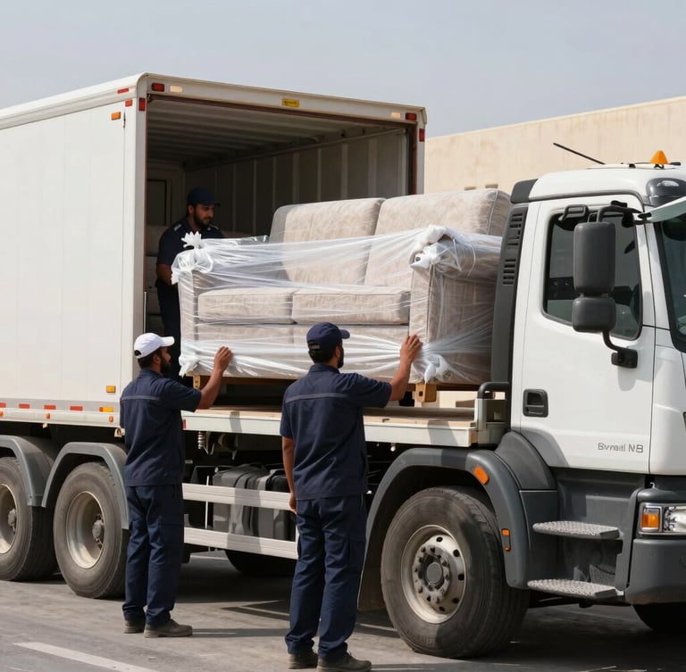 Action mid-shot of a heavy-duty moving truck parked in Muwaileh Commercial Sharjah, bright UAE daylight, workers in navy uniforms loading a securely wrapped sofa.