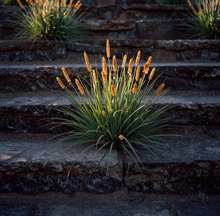 A close-up vertical portrait of native Wyoming grasses and ochre-colored wildflowers growing between heavy weathered stone steps, soft directional morning light, medium format film texture
