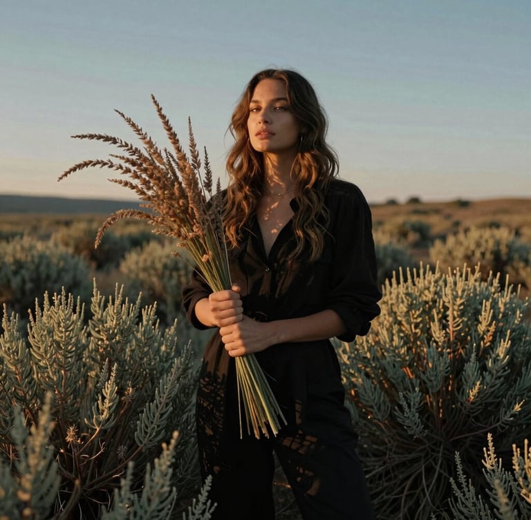Low-angle golden hour portrait of designer Joli Youngberg in a field of native sagebrush, holding a bundle of wild grasses, soft focus, rich earthy tones.