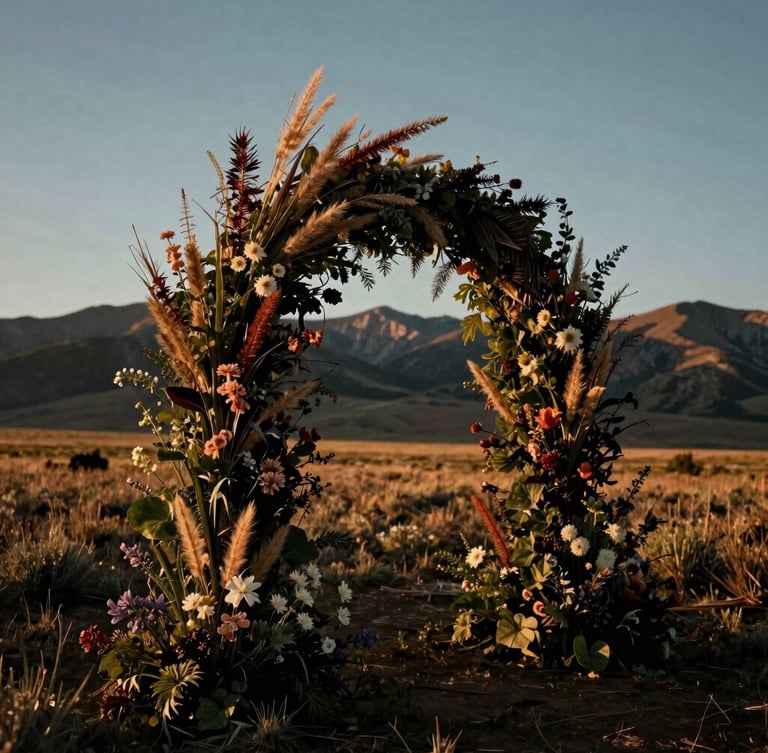 Low-angle golden hour shot of an oversized floral arch composed of wild sculptural branches and native mountain flora, standing in an open Wyoming valley with deep shadows.
