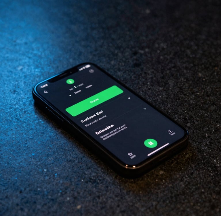 Sleek smartphone displaying an elegant dark UI interface resting on a textured obsidian restaurant table, subtle green digital glow, macro close-up, 35mm lens