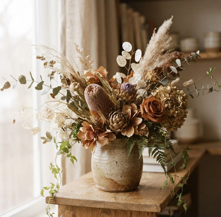 Close-up of a sculptural floral arrangement in a ceramic vase, soft natural window light, organic earthy tones, shallow depth of field, 35mm film