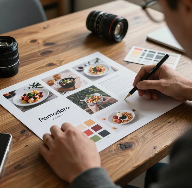 Behind-the-scenes content planning at Pomodoro agency, hands arranging a moodboard with culinary prints and color swatches on a rustic oak table, soft morning light