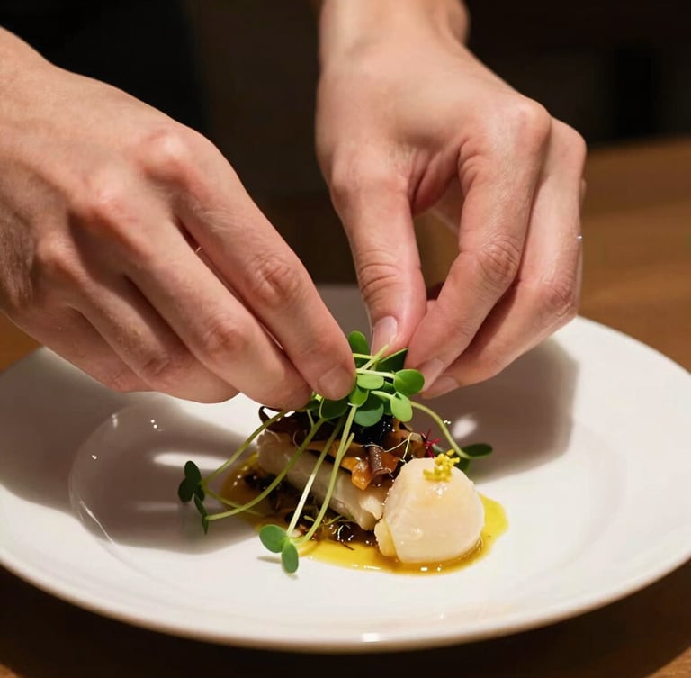 Close-up shot of hands carefully placing a microgreen garnish on a beautifully plated dish, soft side-lighting, warm tones, editorial food photography style.