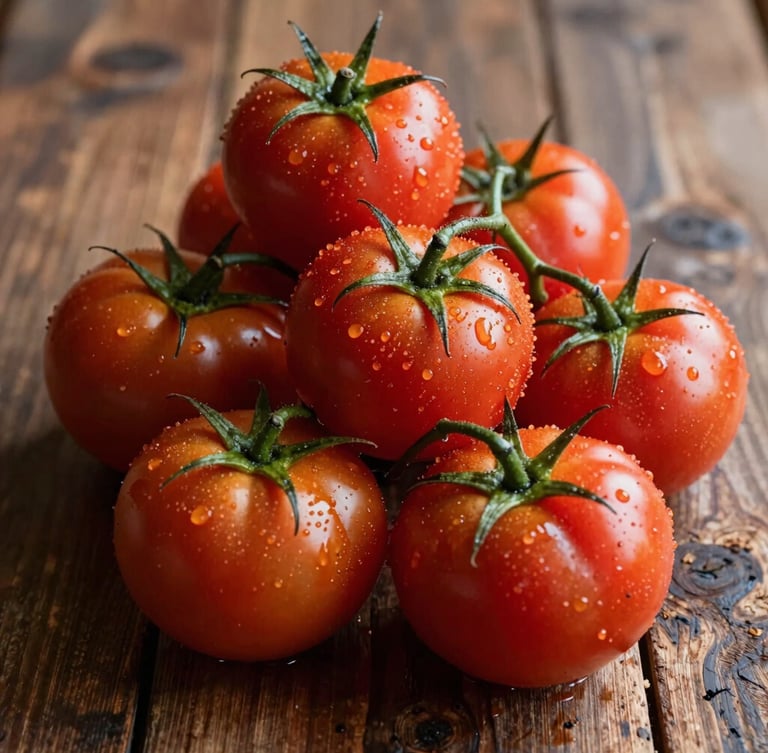Primer plano vertical de un manojo de tomates de colgar recién cosechados con tierra húmeda, luz lateral difusa de mañana, fondo de madera rústica.