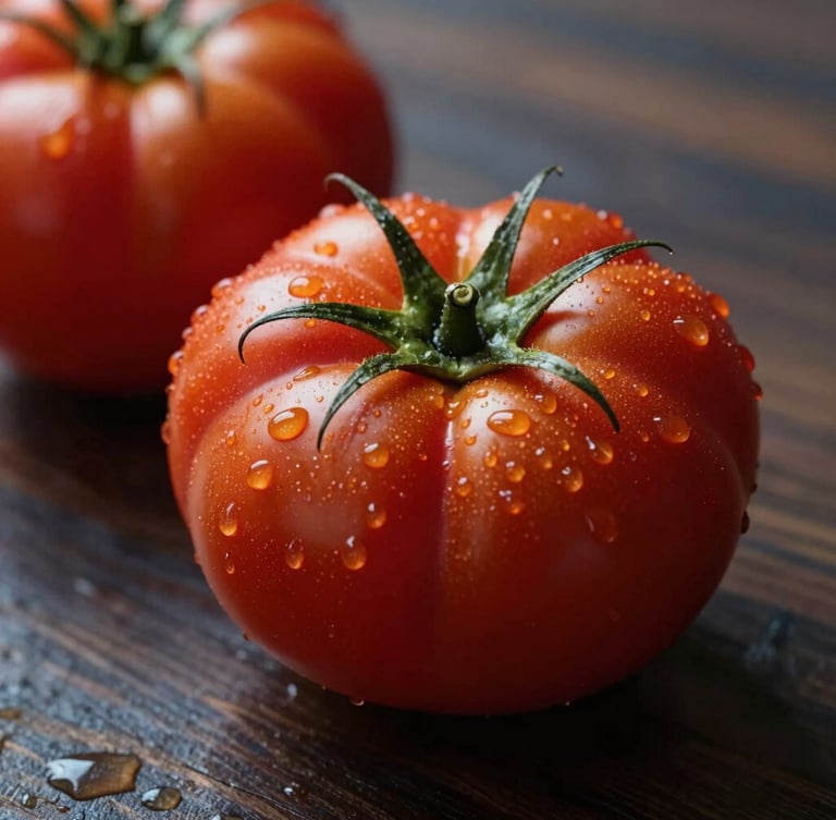Macro close-up of textured heirloom tomatoes on a dark wooden surface, soft morning daylight, water droplets, minimalist composition