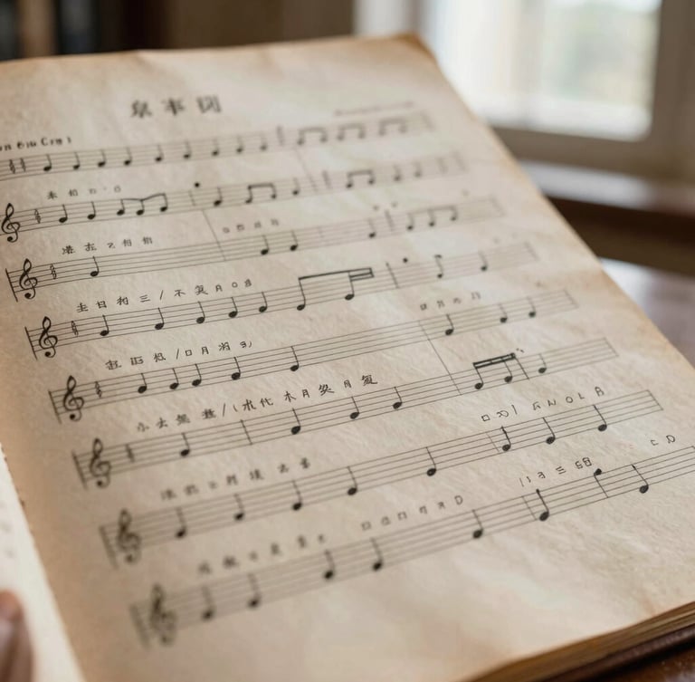 A close-up archival photograph of a hand-inked choral score on aged parchment paper, showing delicate musical notation and handwritten Chinese characters under soft library light.