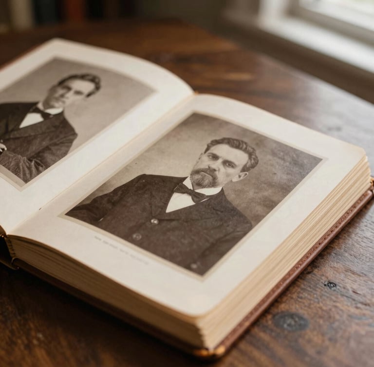 Close-up macro shot of a vintage leather-bound photo album lying open on a dark wood table, showing aged sepia portraits of ancestors, soft library lighting.