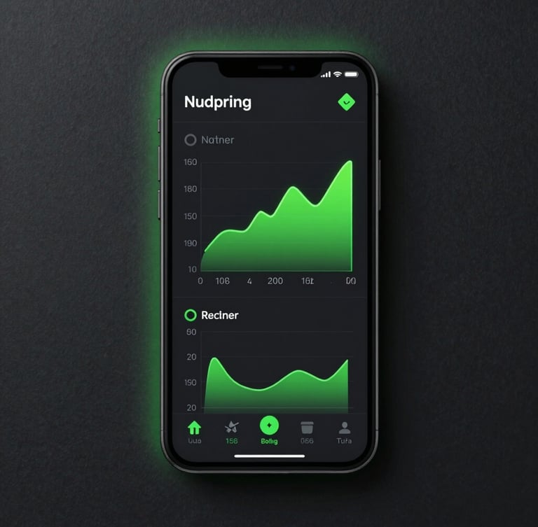 A tight, front-on high-fidelity UI screenshot rendered inside a clean, generic Android device mockup on a dark slate background, displaying a system storage interface with neon green accents and data graphs under cool, low-contrast studio lighting with subtle neon green backlighting.