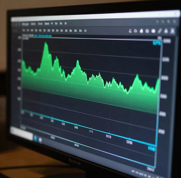 Macro close-up of a high-fidelity Android UI performance profiler showing CPU execution graphs on a dark monitor, illuminated by vibrant green and electric cyan backlight.