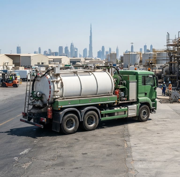 Wide-angle crisp industrial photography of a modern green and white vacuum tanker truck parked in Dubai under bright direct sunlight, sharp focus, professional equipment, 35mm
