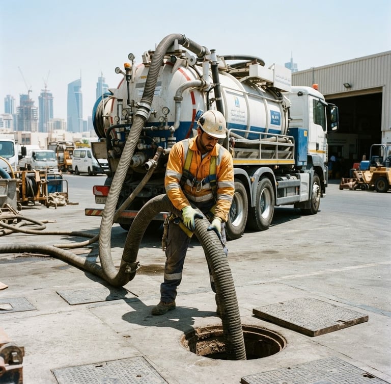 A professional technician in high-visibility gear operating a high-pressure suction hose from a modern vacuum tanker truck, bright direct Dubai sunlight, sharp industrial focus, 35mm
